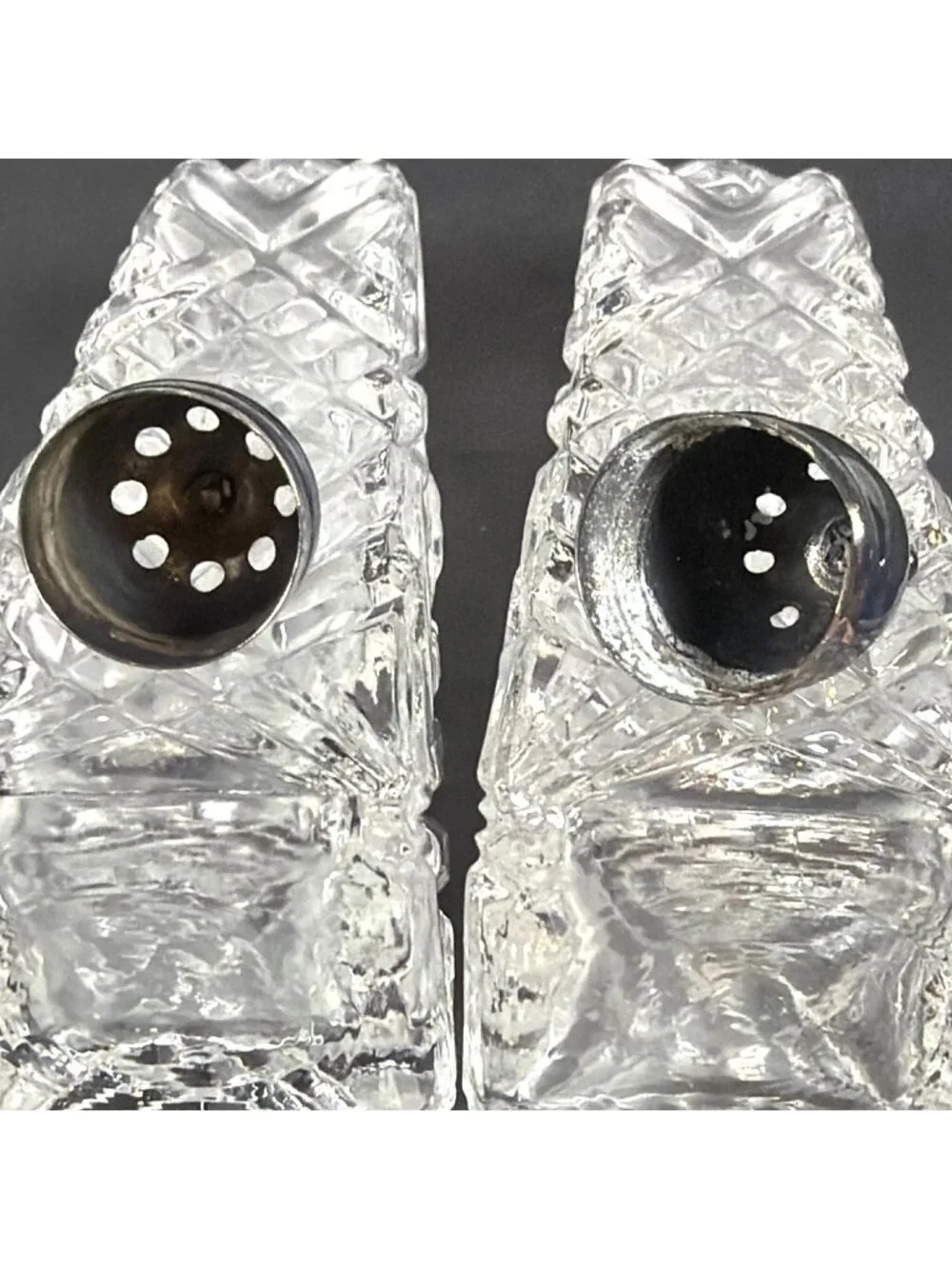 VTG 50s Crystal Salt Pepper Shakers Heavy Cut Glass Diamond Pattern AS IS Parts - Picture 6 of 14
